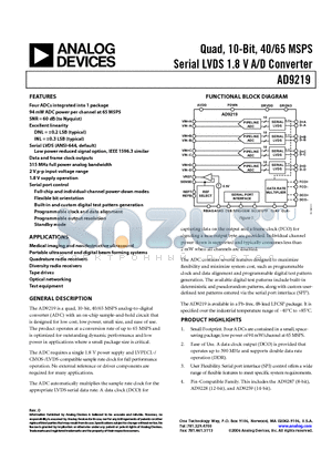 AD9219BCPZ-65 datasheet - Quad, 10-Bit, 40/65 MSPS Serial LVDS 1.8 V A/D Converter