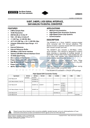 ADS8413IBRGZTG4 datasheet - 16-BIT, 2-MSPS, LVDS SERIAL INTERFACE, SAR ANALOG-TO-DIGITAL CONVERTER