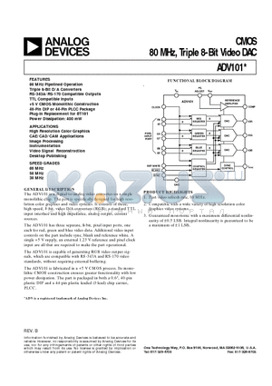 ADV101KN80 datasheet - CMOS 80 MHz, Triple 8-Bit Video DAC