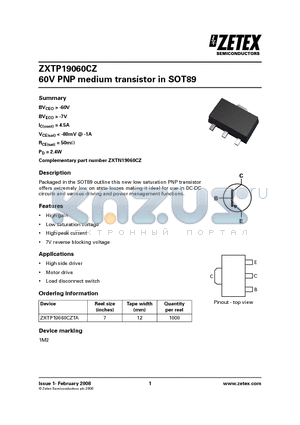 ZXTP19060CZ datasheet - 60V PNP medium transistor