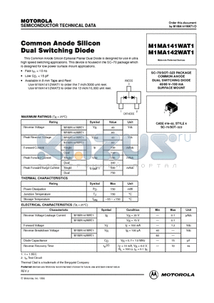 M1MA141WAT1 datasheet - SC-70/SOT-323 PACKAGE COMMON ANODE DUAL SWITCHING DIODE 40/80 V-100 mA SURFACE MOUNT