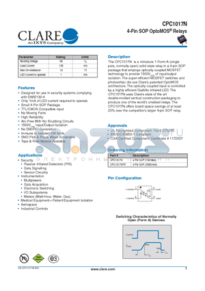 CPC1017N datasheet - 4-Pin SOP OptoMOS^ Relays