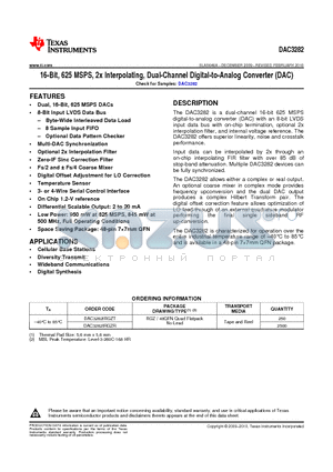 DAC3282 datasheet - 16-Bit, 625 MSPS, 2x Interpolating, Dual-Channel Digital-to-Analog Converter (DAC)