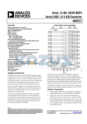 AD9222BCPZRL7-40 datasheet - Octal, 12-Bit, 40/50 MSPS Serial LVDS 1.8 V A/D Converter