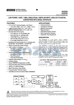 ADS8329IRSAR datasheet - LOW POWER, 16-BIT, 1-MHz, SINGLE/DUAL UNIPOLAR INPUT, ANALOG-TO-DIGITAL CONVERTERS WITH SERIAL INTERFACE