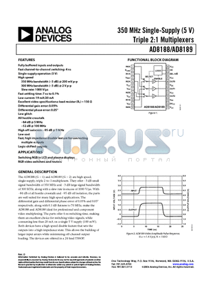 AD8188ARUZ-RL datasheet - 350 MHz Single-Supply (5 V) Triple 2:1 Multiplexers