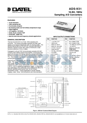 ADS-931MM datasheet - 16-Bit, 1MHz Sampling A/D Converters