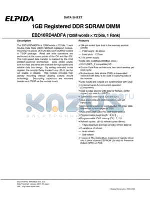 EBD10RD4ADFA-7A datasheet - 1GB Registered DDR SDRAM DIMM (128M words x72 bits, 1 Rank)