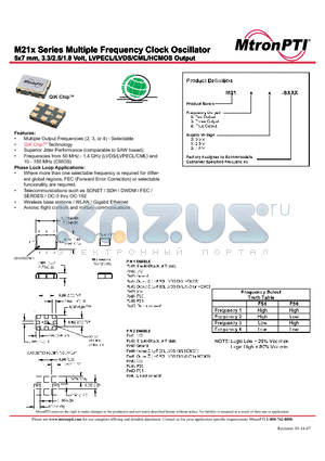 M21X41 datasheet - 5x7 mm, 3.3/2.5/1.8 Volt, LVPECL/LVDS/CML/HCMOS Output