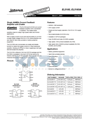 EL5193ACS-T13 datasheet - Single 300MHz Current Feedback Amplifier with Enable