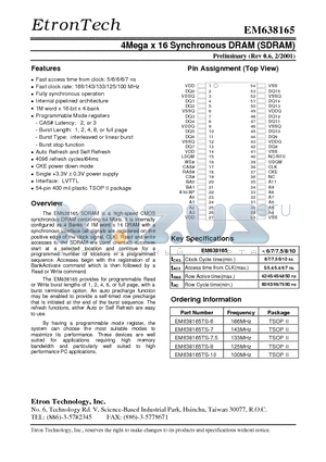 EM638165TS-6 datasheet - 4Mega x 16 Synchronous DRAM (SDRAM)
