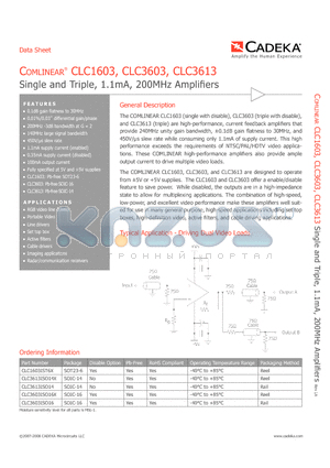 CLC3603ISO16 datasheet - Single and Triple, 1.1mA, 200MHz Amplifiers