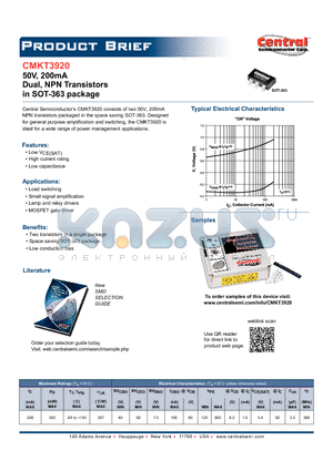 CMKT3920 datasheet - 50V, 200mA Dual, NPN Transistors in SOT-363 package