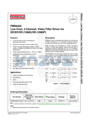 FMS6303 datasheet - Low-Cost, 3-Channel, Video Filter Driver for SD/ED/HD (1080i)/HD (1080P)
