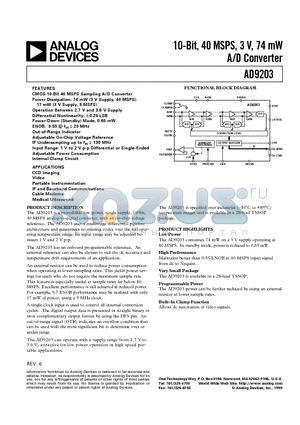AD9203 datasheet - 10-Bit, 40 MSPS, 3 V, 74 mW A/D Converter