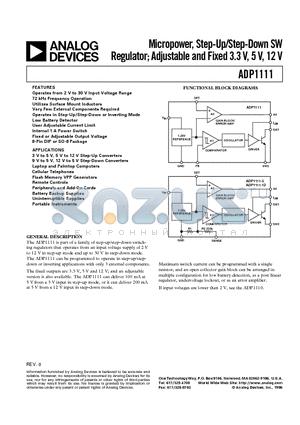 ADP1111AR datasheet - Micropower, Step-Up/Step-Down SW Regulator; Adjustable and Fixed 3.3 V, 5 V, 12 V