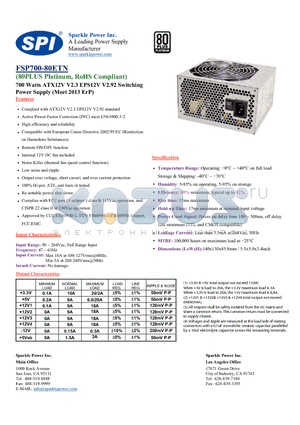 FSP700-80ETN datasheet - 700 Watts ATX12V V2.3 EPS12V V2.92 Swithcing Power Supply