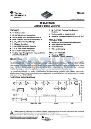 ADS5423 datasheet - 14 Bit, 80 MSPS Analog-to-Digital Converter