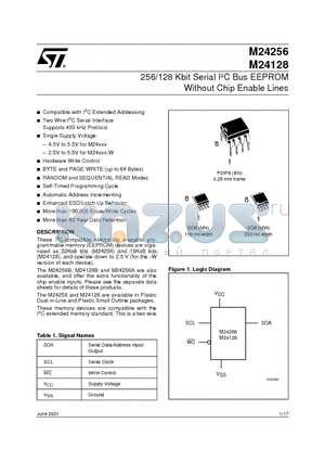 M24256-MW6T datasheet - 256/128 Kbit Serial IbC Bus EEPROM Without Chip Enable Lines