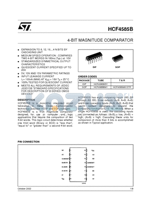 HCF4585BM1 datasheet - 4-BIT MAGNITUDE COMPARATOR