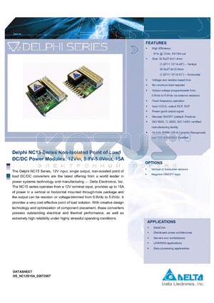 NC12S0A0V15PRFA datasheet - Delphi NC15 Series Non-Isolated Point of Load DC/DC Power Modules: 12Vin, 0.9V-5.0Vout, 15A