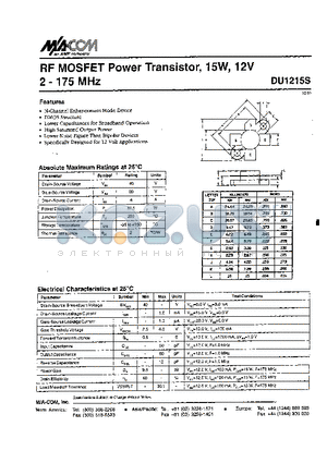 DU1215S datasheet - RF MOSFET Power Transistor, ISW, 12V 2 - 175 MHz