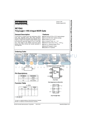 NC7S02 datasheet - TinyLogic HS 2-Input NOR Gate