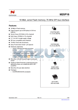 M25P16-VMP3P datasheet - 16 Mbit, serial Flash memory, 75 MHz SPI bus interface