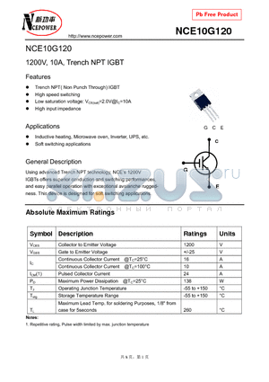 NCE10G120 datasheet - 1200V, 10A, Trench NPT IGBT