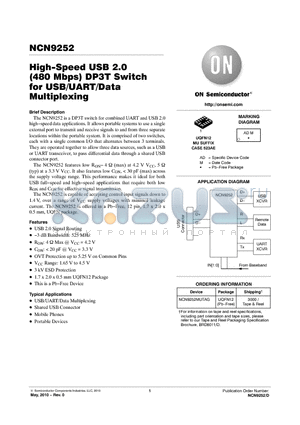 NCN9252 datasheet - High-Speed USB 2.0 (480 Mbps) DP3T Switch for USB/UART/Data Multiplexing