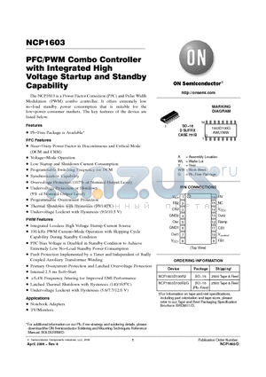 NCP1603D100R2 datasheet - PFC/PWM Combo Controller with Integrated High Voltage Startup and Standby Capability
