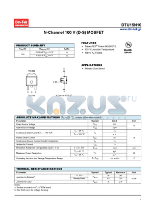 DTU15N10_13 datasheet - N-Channel 100 V (D-S) MOSFET TrenchFET Power MOSFETS