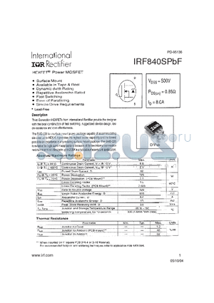 IRF840SPBF datasheet - HEXFET Power MOSFET