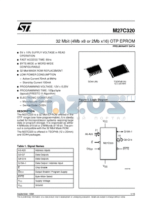 M27C320-80M1 datasheet - 32 Mbit 4Mb x8 or 2Mb x16 OTP EPROM