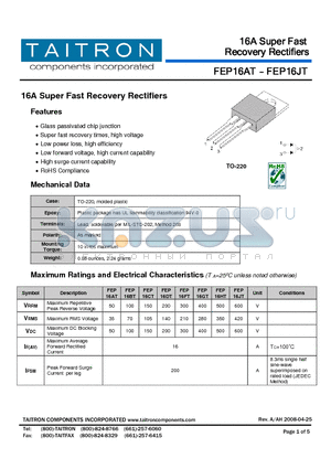FEP16DT datasheet - 16A Super Fast Recovery Rectifiers