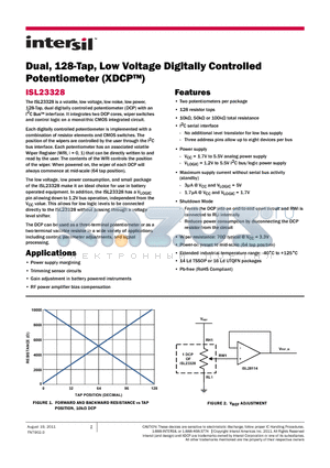 ISL23328TFVZ datasheet - Dual, 128-Tap, Low Voltage Digitally Controlled Potentiometer (XDCP)