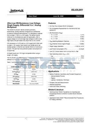 ISL43L841IRZ datasheet - Ultra Low ON-Resistance, Low-Voltage, Single Supply, Differential 4 to 1 Analog Multiplexer