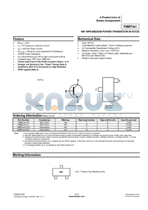 FMMT491QTA datasheet - 60V NPN MEDIUM POWER TRANSISTOR IN SOT23