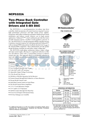 NCP5322ADW datasheet - Two−Phase Buck Controller with Integrated Gate Drivers and 5−Bit DAC