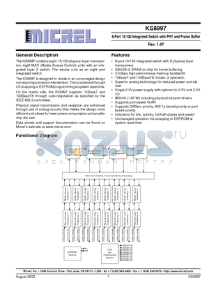 KS8997 datasheet - 8-Port 10/100 Integrated Switch with PHY and Frame Buffer