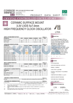 L703 datasheet - CERAMIC SURFACE MOUNT 3.3V LVDS 5x7.0mm HIGH FREQUENCY CLOCK OSCILLATOR