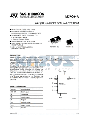 M27C64A-30C1TR datasheet - 64K (8K x 8) UV EPROM and OTP ROM