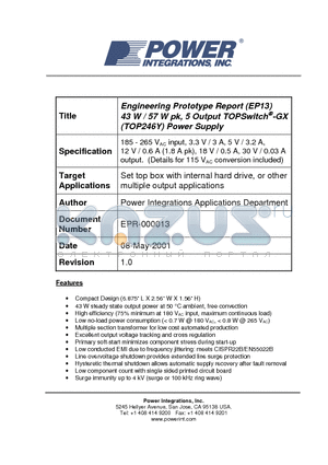 EPR-000013 datasheet - Engineering Prototype Report (EP13) 43 W / 57 W pk, 5 Output TOPSwitch-GX (TOP246Y) Power Supply