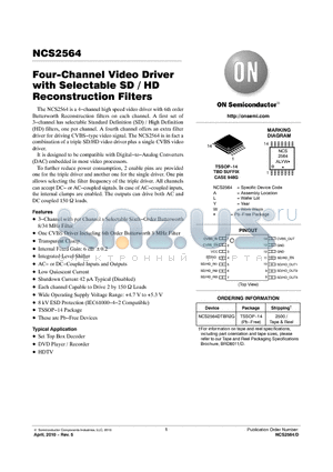 NCS2564 datasheet - Four-Channel Video Driver with Selectable SD / HD Reconstruction Filters