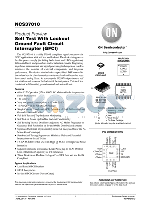 NCS37010 datasheet - Self Test With Lockout Ground Fault Circuit Interrupter (GFCI)