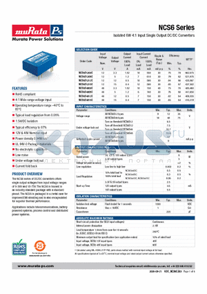 NCS6 datasheet - Isolated 6W 4:1 Input Single Output DC/DC Converters