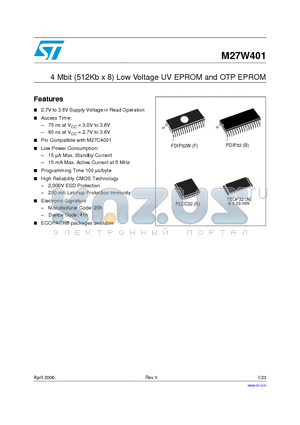 M27W401-120F6 datasheet - 4 Mbit (512Kb x 8) Low Voltage UV EPROM and OTP EPROM