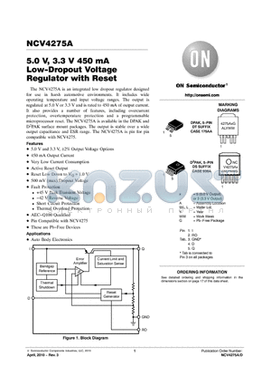 NCV4275ADT33RKG datasheet - 5.0 V, 3.3 V 450 mA Low-Dropout Voltage Regulator with Reset