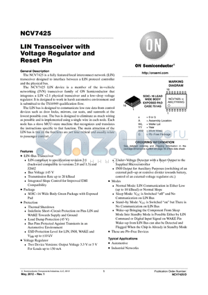 NCV7425DW0G datasheet - LIN Transceiver with Voltage Regulator and Reset Pin