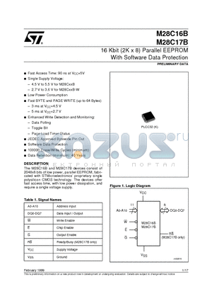 M28C17-90WK6TR datasheet - 16 Kbit 2K x 8 Parallel EEPROM With Software Data Protection